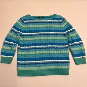 Lauren RALPH LAUREN Cable-Knit Blue Green White Stripes Pullover Sweater